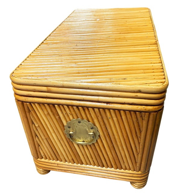 1960s Restored Mid-Century Split Reed Rattan & Pine Trunk W/ Brass Paktong Latch For Sale - Image 5 of 13