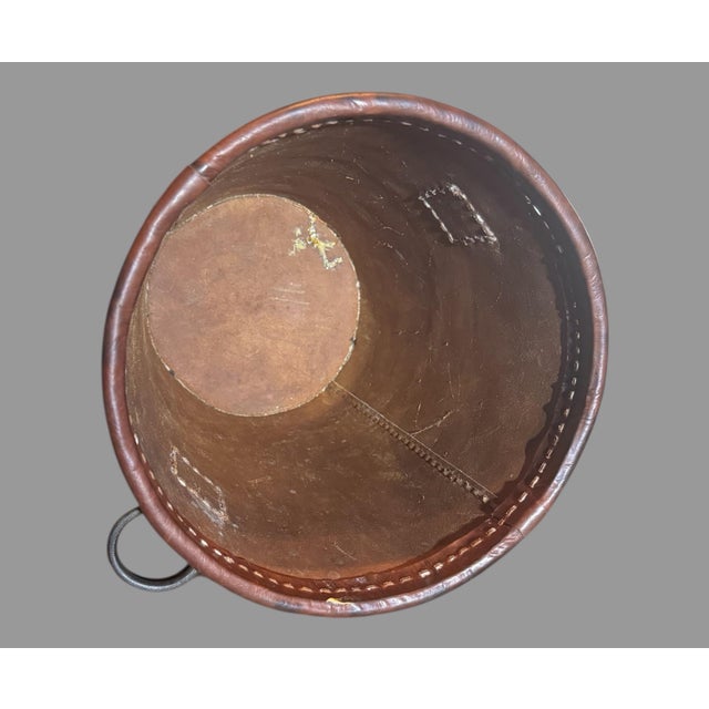 Vintage Antique 13" Leather Stitched Waste Basket Can With Ring Handles For Sale - Image 4 of 12