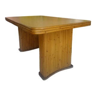 Vintage Rattan Patio Table With Curved Pedestal Bases, Attributed For Sale