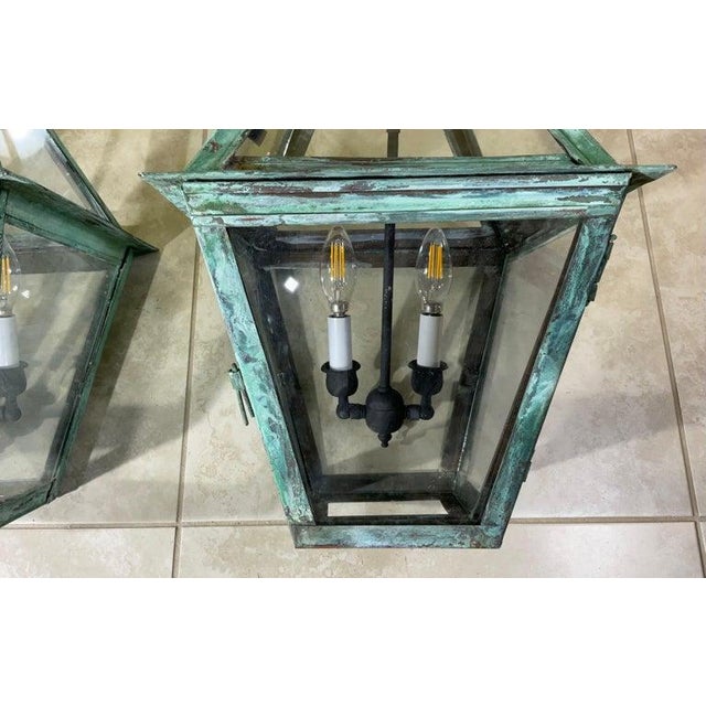 Pair of Vintage Square Handcrafted Copper Hanging Lanterns For Sale - Image 9 of 12