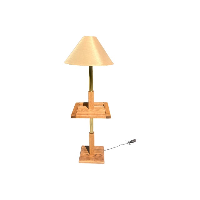 Vintage Mid Century Postmodern 1970s Solid Oak Brass Magazine Table Floor Lamp 1980s Restored For Sale - Image 10 of 12