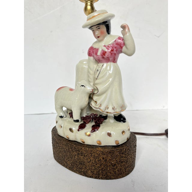 Ceramic Vintage Staffordshire Girl With Lamb Lamp For Sale - Image 7 of 13