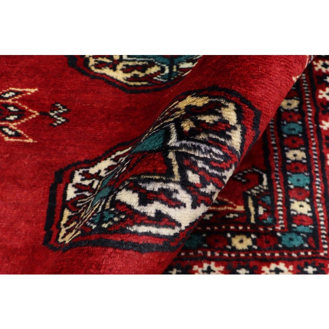 Rustic Bokhara Red Green Hand Knotted Rug For Sale In New York - Image 6 of 9