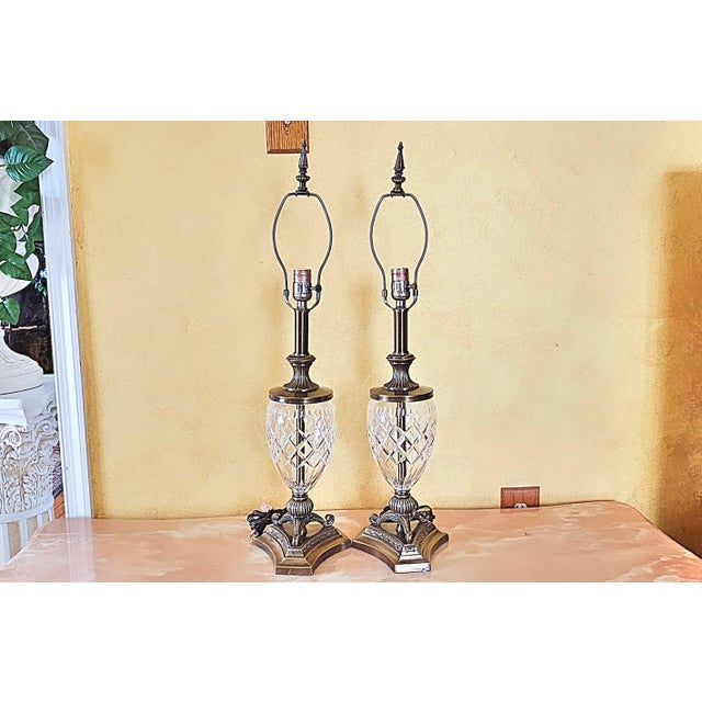 Traditional Style Crystal & Brass Table Lamps, a Pair For Sale - Image 11 of 12