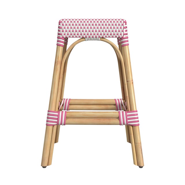 2020s Robias 24.5 in. Seat Height Rectangular Rattan Backless Counter Stool with Footrest, White/Pink Dot/ Natural Rattan Frame For Sale - Image 5 of 7