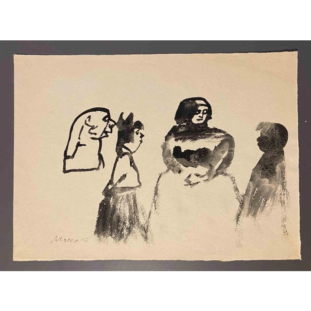 Figures is a watercolor Drawing realized by Mino Maccari (1924-1989) in the Mid-20th Century. Hand-signed on the lower....