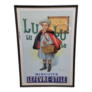 Vintage Art Nouveau French Lithograph Advertising Poster for 'Lulu Biscuits Lefevre-Utile' by Firmin Bouisset
