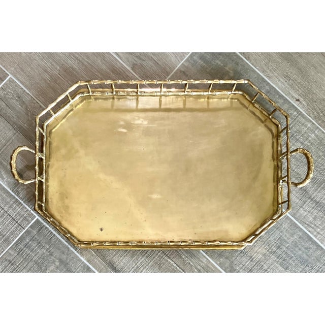 Circa 1970 Nicely-Sized Hollywood Regency-Style Brass Faux Bamboo Octagonal Dual-Handled Tray For Sale - Image 9 of 12