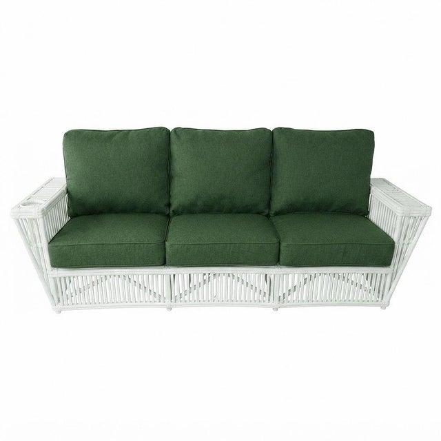 Art Deco 1990s Presidents Nantucket Stick White Reed Rattan Livingroom Set W/ Green Cushions For Sale - Image 3 of 9
