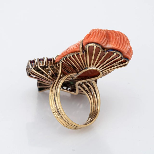 Mid 20th Century Guanyin Goddess Ring Carved Coral Gemstone Vintage 14 Karat Yellow Gold Cocktail size 8 For Sale - Image 5 of 6