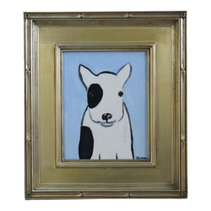 Folk Art Doggie Dog Puppy Oil Painting Including the Antiqued Silver Wood Frame