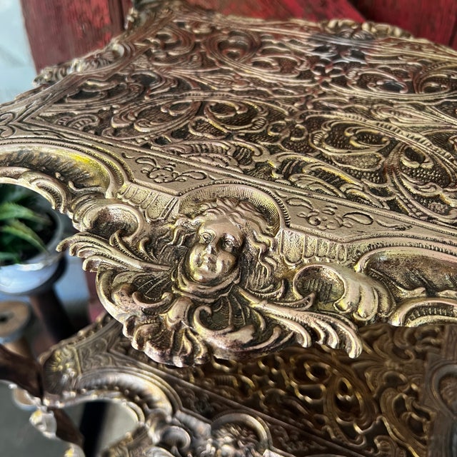 Victorian Late 19th Century Ornate Brass 3-Tiered Plant Stand or Accent Table With Intricate Engraved Details For Sale - Image 3 of 17