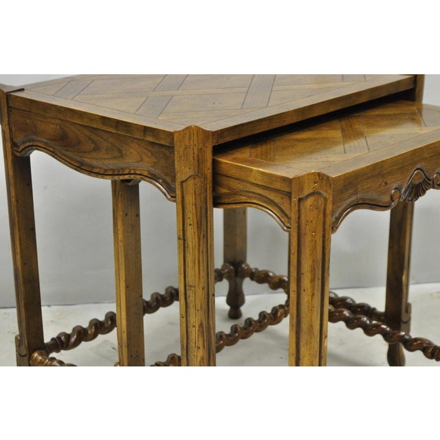 Wood Vintage Baker Barley Twist Oak Parquetry Inlay Nesting Step Lamp Side Tables For Sale - Image 7 of 15