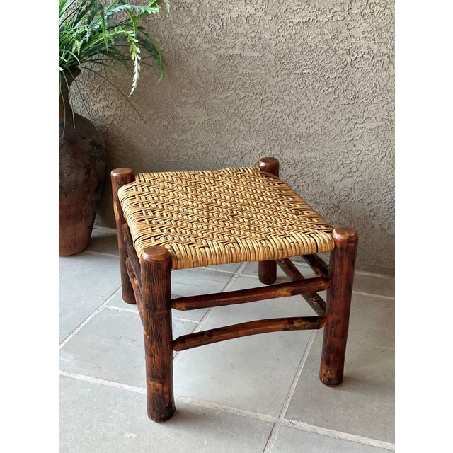 Mid 20th Century Rustic Chic Mid 20th-Century Hickory Wood & Handwoven Double Twill Plaited Cane Bench For Sale - Image 5 of 18