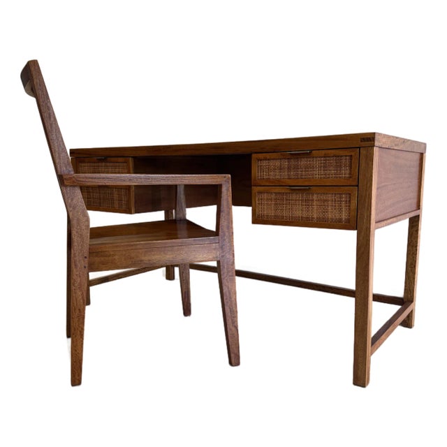 Crate and Barrel Solid Wood Desk With Caining and Matching Chair For Sale