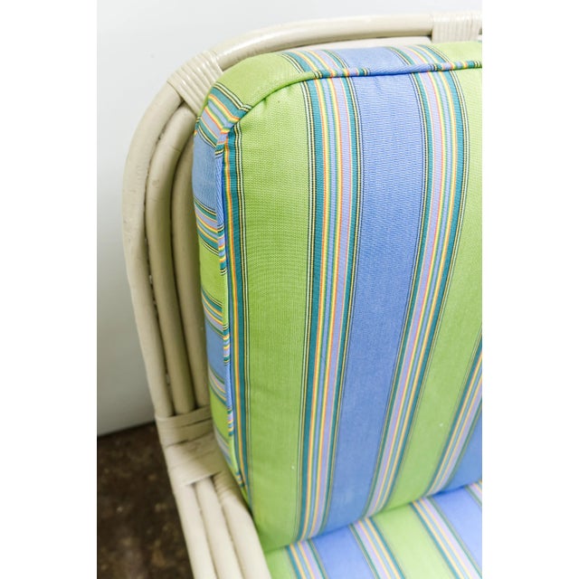 Late 20th Century Boho Coastal Bamboo Arm Chair With Green Striped Cushions For Sale - Image 5 of 6