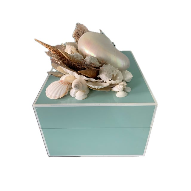 Tiffany Blue Keepsake Box-Mother-of-Pearl Nautilus, Shells & Coral For Sale - Image 4 of 6