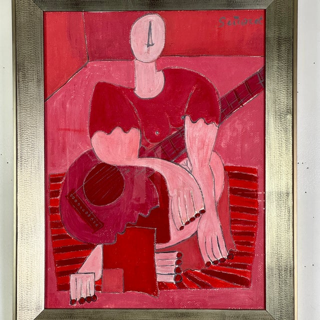 Mid 20th Century Stunning Red Hues Original Vintage Modern Oil/Board Cubist Painting of Woman With Guitar, Signed For Sale - Image 5 of 10