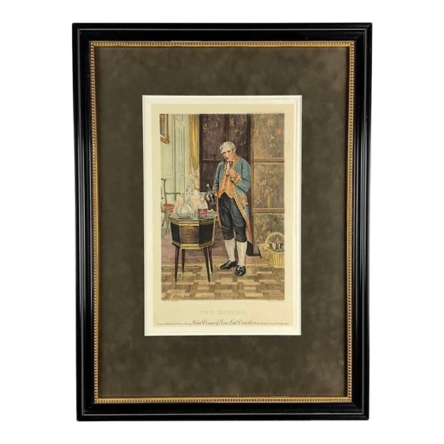 The Butler- Antique Etching "The Butler" by o.h. Boucher Circa 1926 London Published Butler Holding Wine Glass & Bottle For Sale