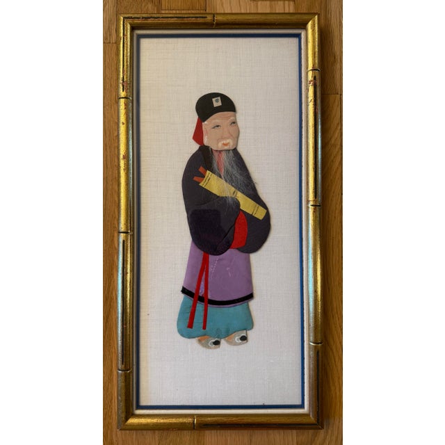 Vintage dimensional fabric, silk and paper art depicting Chang Kue-Sao (Taoist figure), a famous magician in the 7 & 8th...