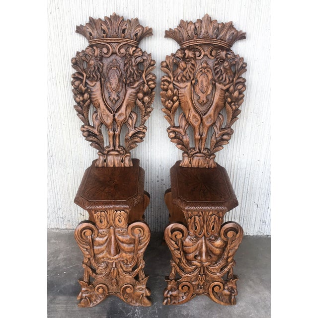 Renaissance Pair of 18th Century Italian Renaissance Lion Carved Walnut Sgabello Hall Chairs For Sale - Image 3 of 18