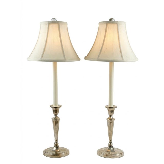 Vintage tall buffet candlestick lamps with silk shades. Perfect way to add a touch of light to a sideboard. Elegant form....