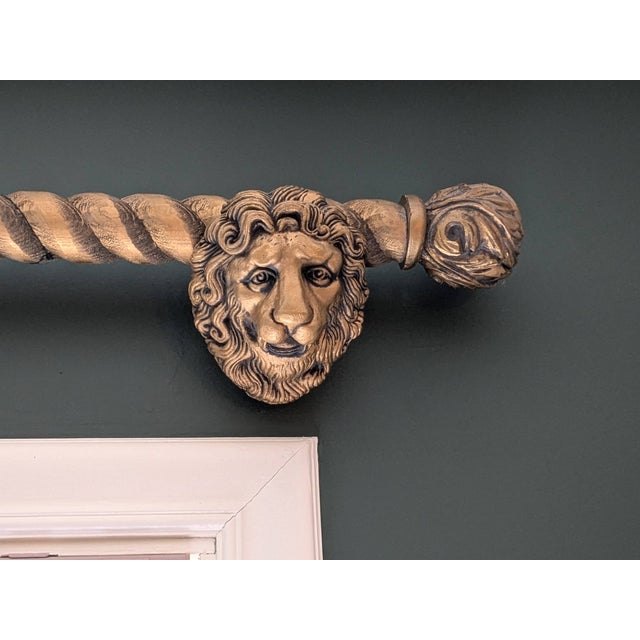 UNIQUE beautiful heavy solid carved wood curtain rods, round carved wood finials and wood lion head bracket. 10 pieces***...