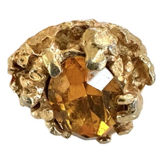 Mid-Century Emmons Brutalist Goldtone Cocktail Ring With Citrine - Size 7.5 For Sale