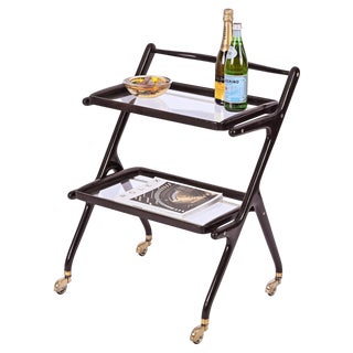 Mid-Century Italian Trolley Bar Cart in Wood and Glass attributed to Cesare Lacca, 1950s For Sale