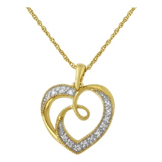 14K Yellow Gold Plated .925 Sterling Silver Diamond Accent Ribbon & Heart 18" Pendant Necklace (H-I Color, I2-I3 Clarity) For Sale