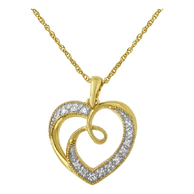 14K Yellow Gold Plated .925 Sterling Silver Diamond Accent Ribbon & Heart 18" Pendant Necklace (H-I Color, I2-I3 Clarity) For Sale
