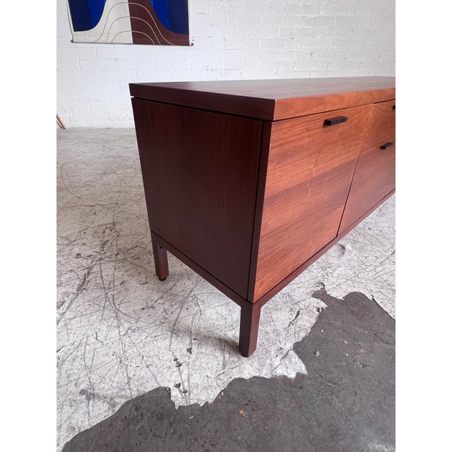 Brown Mid Century Modern Walnut Credenza With Black Accent Pulls For Sale - Image 8 of 8