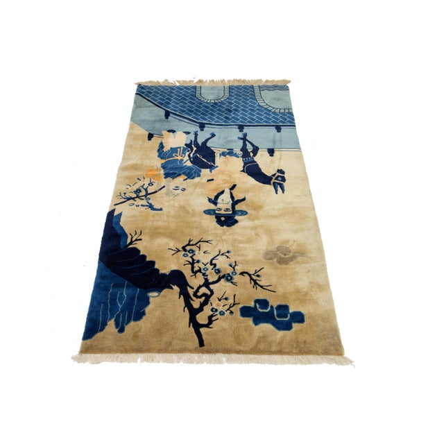Textile Blue & Tan Chinese Antique Peking Handmade Wool Rug With Pictorial Design For Sale - Image 7 of 8