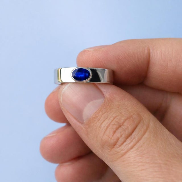 Bezel Set Oval Sapphire Wide Matte Band Silver, Gold, Size 10 For Sale - Image 6 of 6