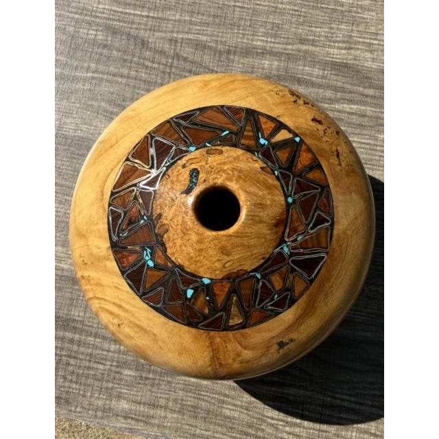 Late 20th Century Signed Studio Spalted Maple Turned Wood Vessel With Copper, Silver Turquoise Inlay For Sale - Image 9 of 10