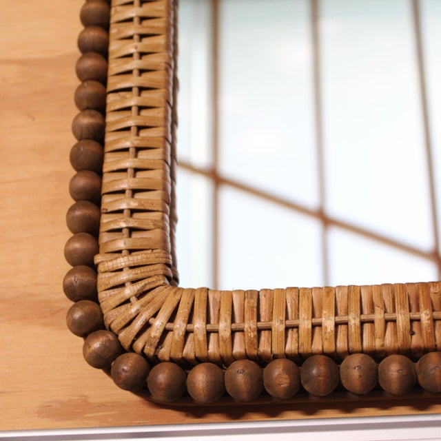 Paul Frankl Vintage Arched Wall Mirror | Rattan and Wooden Bead Frame For Sale - Image 4 of 6