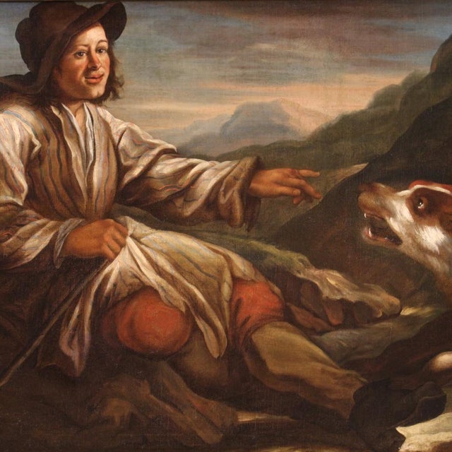 Antique Lombard painting of the 17th century. Oil painting on canvas of considerable size depicting a shepherd with his...