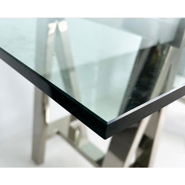 2010s Williams Sonoma Home "Mason" Sawhorse Glass Top Table/Writing Desk For Sale - Image 5 of 15