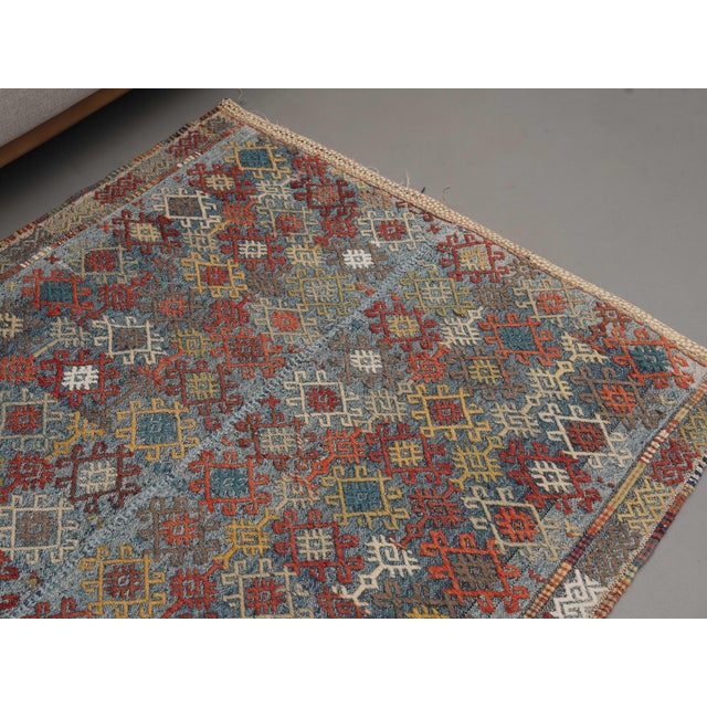 1970s Vintage Handmade Wool Cotton Blue Area Rug For Sale In San Francisco - Image 6 of 11