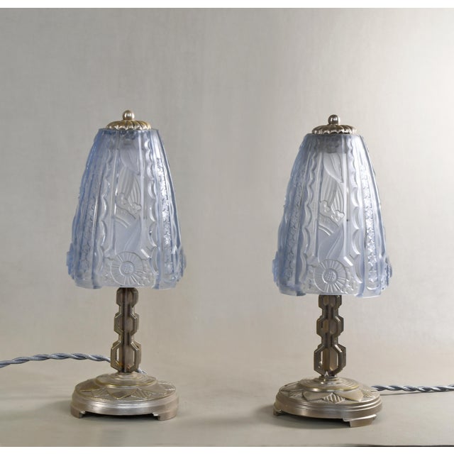 Art Deco Donna Paris Pair of French Art Deco Blue Glass Table Lamps - 1930s For Sale - Image 3 of 10