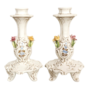 Italian Capodimonte Style Ceramic Candlestick Holders, a Pair