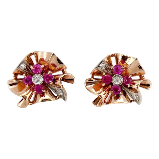 Retro 1940s Old European Cut Diamond & Ruby Screw Back Earrings, Non-Pierced For Sale