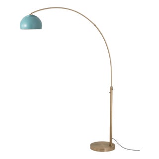 Half Dome 92" Arc Floor Lamp - Mid-Century Modern, Weathered Brass, Black Marble Base, Blue Shade For Sale