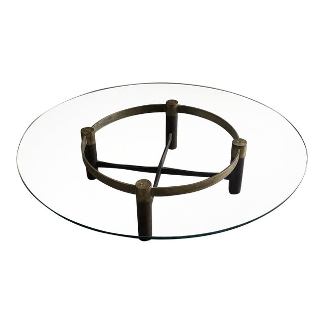 Vintage Brass and Dark Wood Coffee Table With Beveled Glass Too For Sale