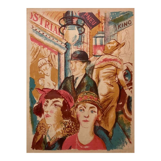Vojtech TittelbachCzech Street Scene, Kino, Couples Shopping Weimar Era 1929 Lithograph, 1929 For Sale