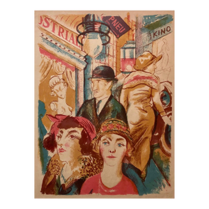 Vojtech TittelbachCzech Street Scene, Kino, Couples Shopping Weimar Era 1929 Lithograph, 1929
