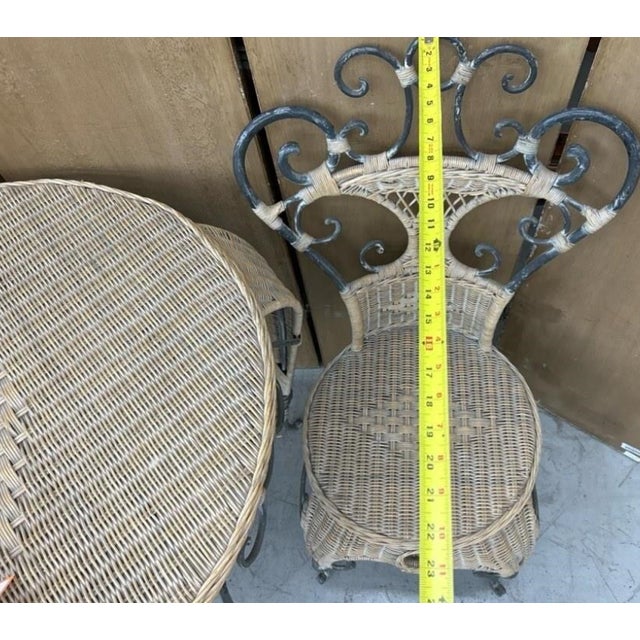 Shabby Chic French Provincial Style Wicker & Cast Iron Bistro Set For Sale - Image 3 of 6