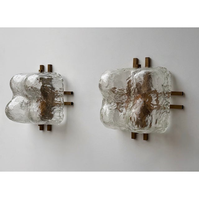 Mid-Century Modern Pair of Sconces Blumpy Ice Murano Glass and Brass by Mazzega. Italy, 1970s For Sale - Image 3 of 12
