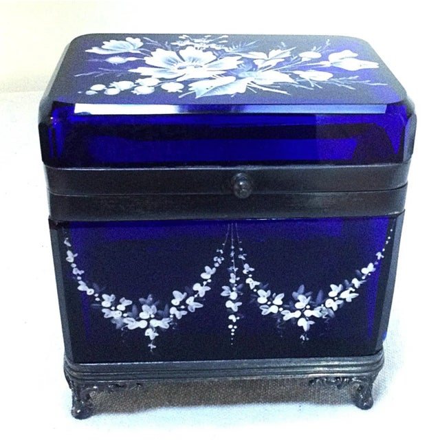 Antique cobalt blue and white enamel glass casket. Painted with beautiful floral motif and quadruple silver plate mounts....