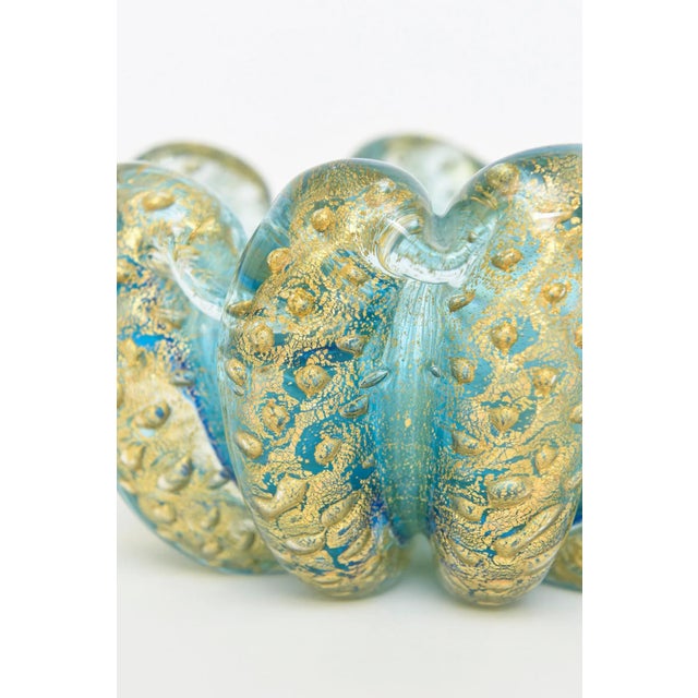 1950s MId Century Modern Barovier E Toso Murano Cordonato d'Oro Turquoise and Gold Aventurine Glass Bowl For Sale - Image 5 of 8